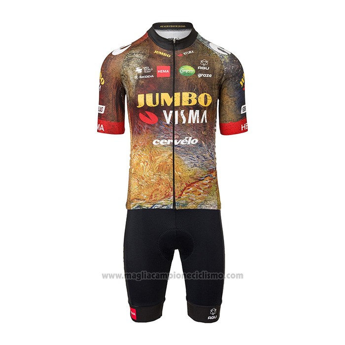 2022 Abbigliamento Ciclismo Jumbo Visma Nero Arancione Manica Corta e Salopette